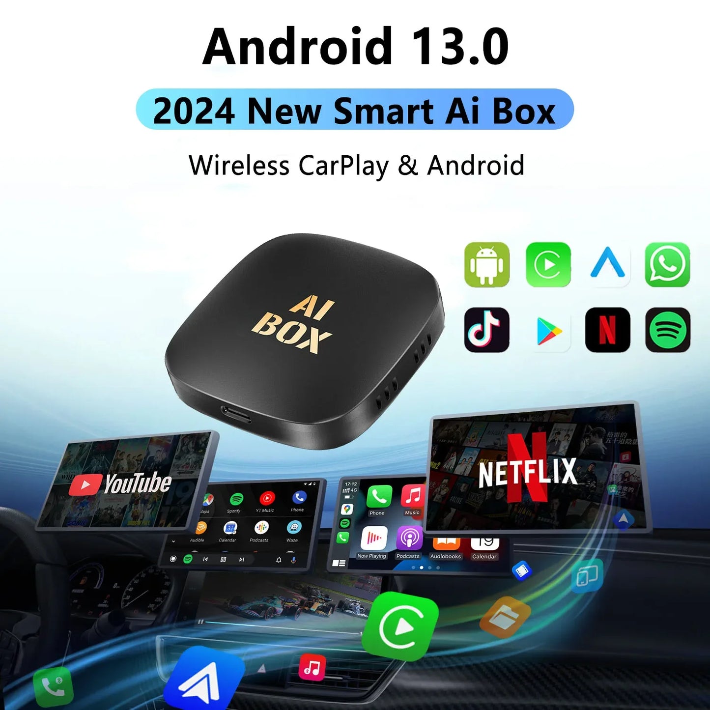 Android 13 CarPlay Smart Ai Box con conexión inalámbrica a Netflix y YouTube